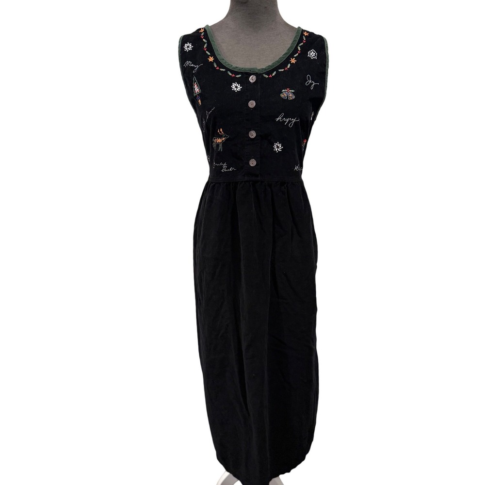 Erika & Co Vintage 90s Black Corduroy Christmas Embroidered Jumper Dress‎ XL